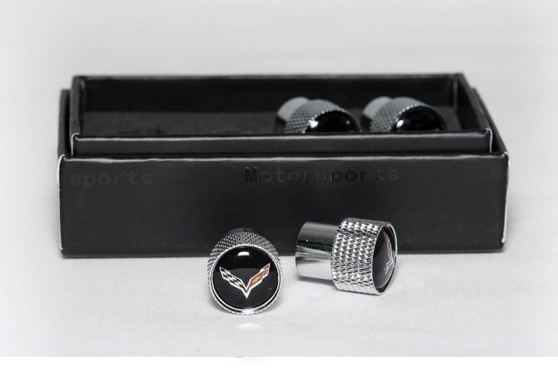 SR1 Performance West Coast Corvette/Camaro C7 Corvette Crossed Flags Logo Aluminum Valve Stem Caps (Knurled) - Image 2